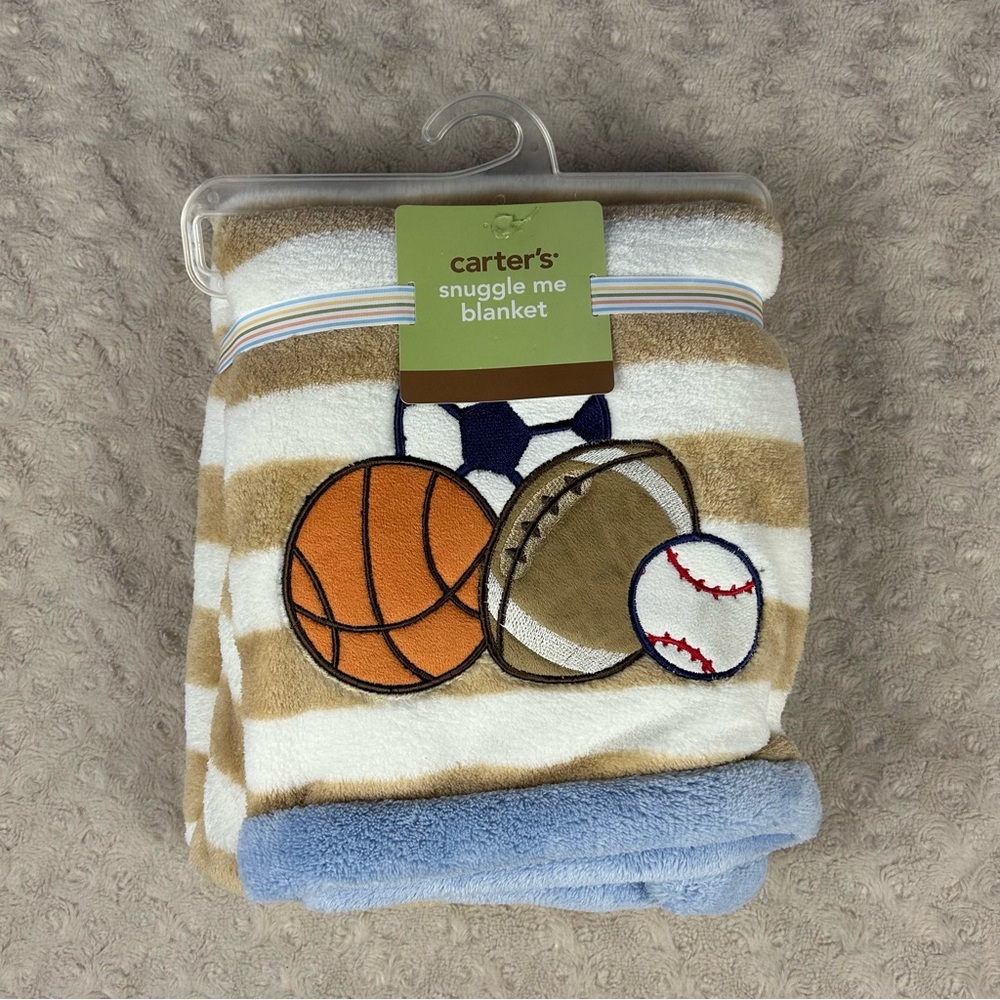 Carter's Snuggle Me Sports Blanket Tan White Stripes Blue Soccer Ball Baseball